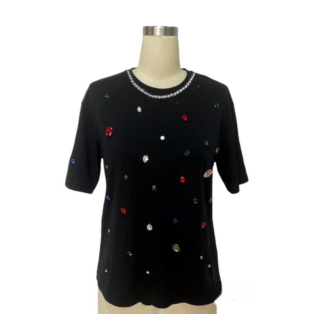 NEW LA' ROS women's crown jewels embellished cotton tee in black